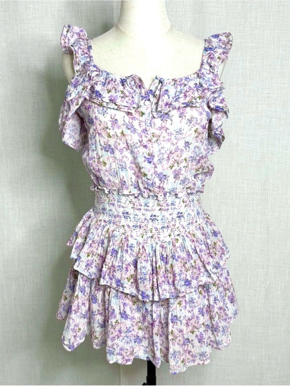 LoveShackFancy Shanely Mini Dress Positano Blue Floral Ruffle Tiered Size M